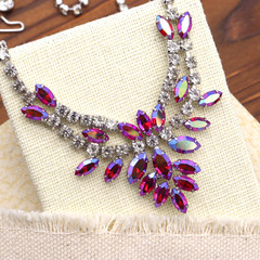 Vtg B. David Rhinestone Necklace Pink AB Red Clear Choker Signed Marquise