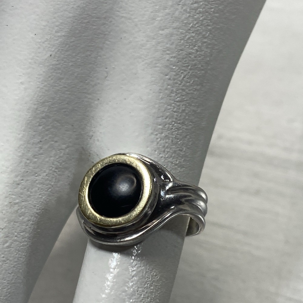 Vintage Two-Tone Sterling Silver & 14K Gold Black Onyx Bypass Ring Size 5 , 3.8g