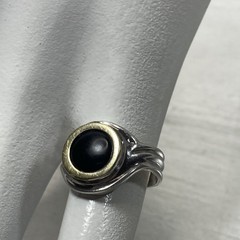 Vintage Two-Tone Sterling Silver & 14K Gold Black Onyx Bypass Ring Size 5 , 3.8g