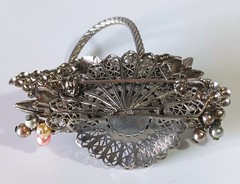 Unusual Ornate Silver-tone Vintage Harvest Veggie & Fruit Basket Brooch