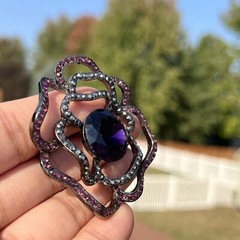Vintage Violet & Dark Grey Rose Shaped Rhinestone Brooch Pin Purple Silver Tone