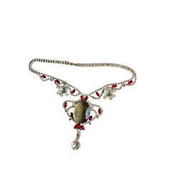 Vtg Signed Husar D Czech Glass Festoon Necklace Green Center Red Accent Stones