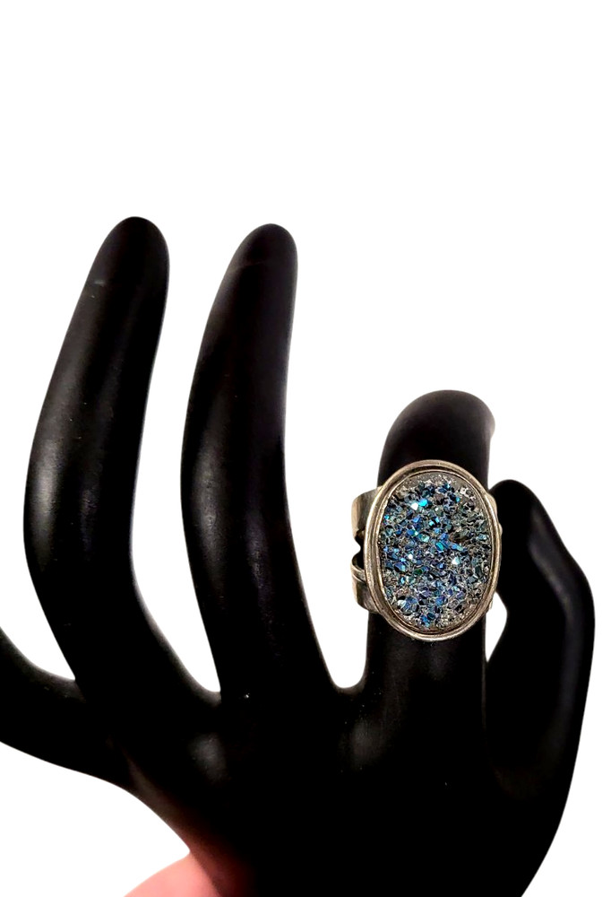 Vintage DI 925 Sterling Silver BLUE DRUZY Quartz Oval Gemstone Women Ring 6.5