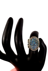 Vintage DI 925 Sterling Silver BLUE DRUZY Quartz Oval Gemstone Women Ring 6.5