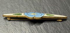 ANTIQUE BLUE WHITE GREEN GUILLOCHE FLORAL 2.5″ BAR BROOCH N389