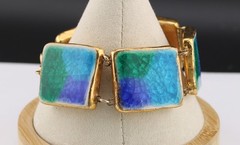 MCM 50s Studio Art Pottery Blue Green Fused Crackled Glass Glaze Panel Bracelet