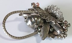 Unusual Ornate Silver-tone Vintage Harvest Veggie & Fruit Basket Brooch
