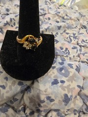Vintage Signed Seta Gold Tone Black Glass Cabochon CZ Cubic Zirconia Ring SZ 10