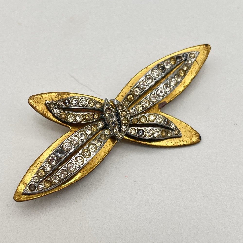 Vintage Bow Brooch Gold Tone Rhinestone Trombone Clasp AS IS 2.5″