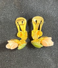 VTG Signed SWOBODA Genuine Carved Jade Coral Flower Brooch Pin Clip Earring Lot
