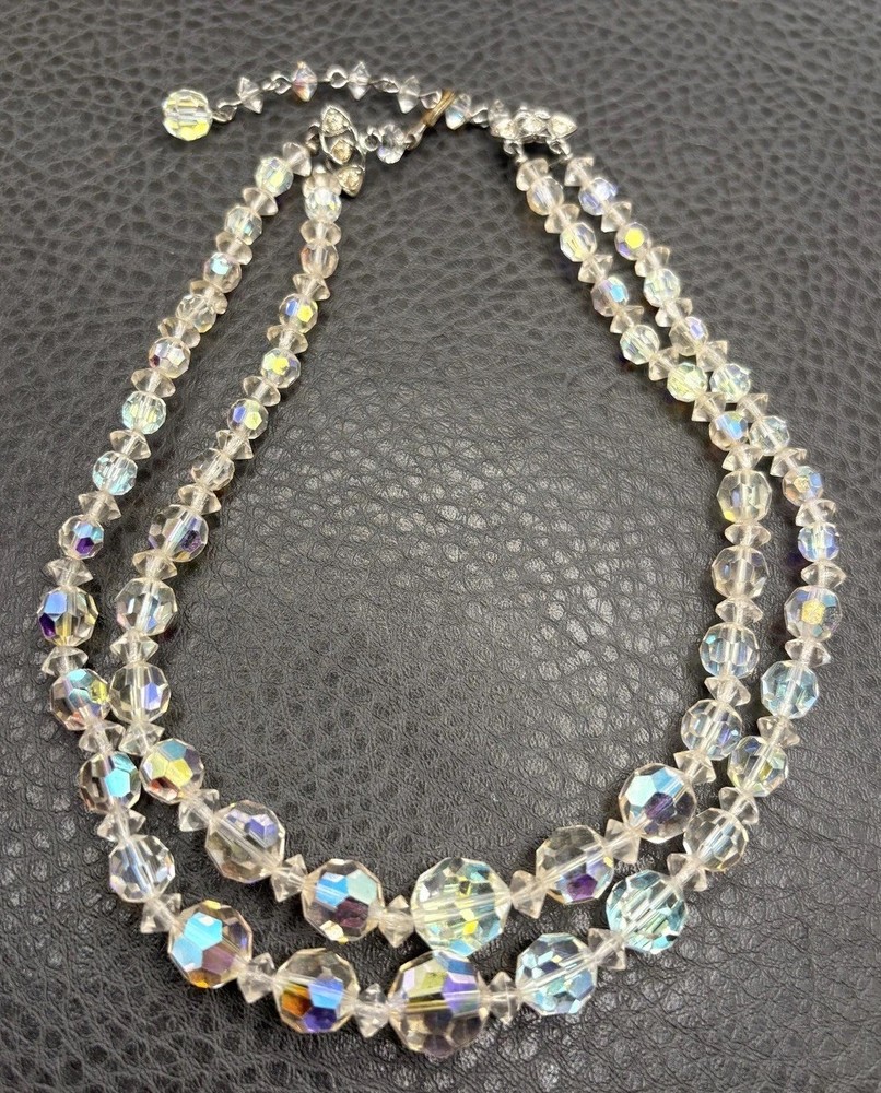 VTG AB Aurora Borealis Crystal Faceted Glass Bead Double Strand Necklace Choker