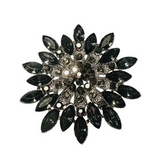 Rhinestone Floral Brooch Dark Gray & Clear Crystal Pin Silver Tone