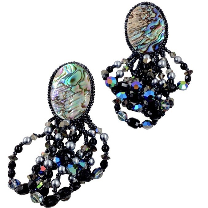 Vintage Peacock Abalone Shell Aurora Borealis Crystal French Jet Bead Earrings