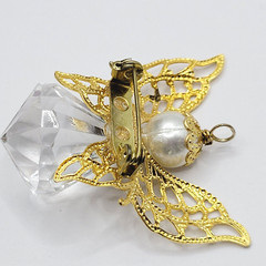 Angel Filigree Wings Gold Tone Faux Pearl Acrylic Vintage Pendant Brooch Pin