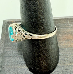 Sterling Silver 925 Art Deco Style Faceted Blue Glass Open Work Ring Size 8.75