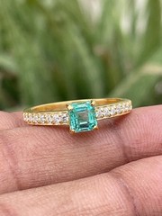Emerald Cut Natural Emerald Ring with Moissanite Accent Band Handmade Ring