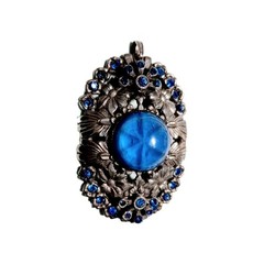 Art Deco Pendant Blue Focal W Rhinestone Accents Silver Tone Pot Metal Floral