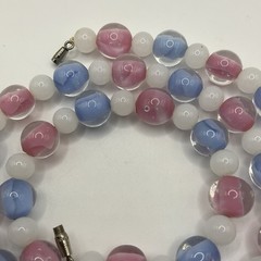 Vintage Art Glass Necklace 22” Pastel Pink Blue White Beads Barrel Clasp