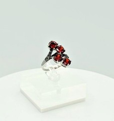 Vintage Red Stone & Marcasite Ring, Silver, Size 8 Cascade Vine Design
