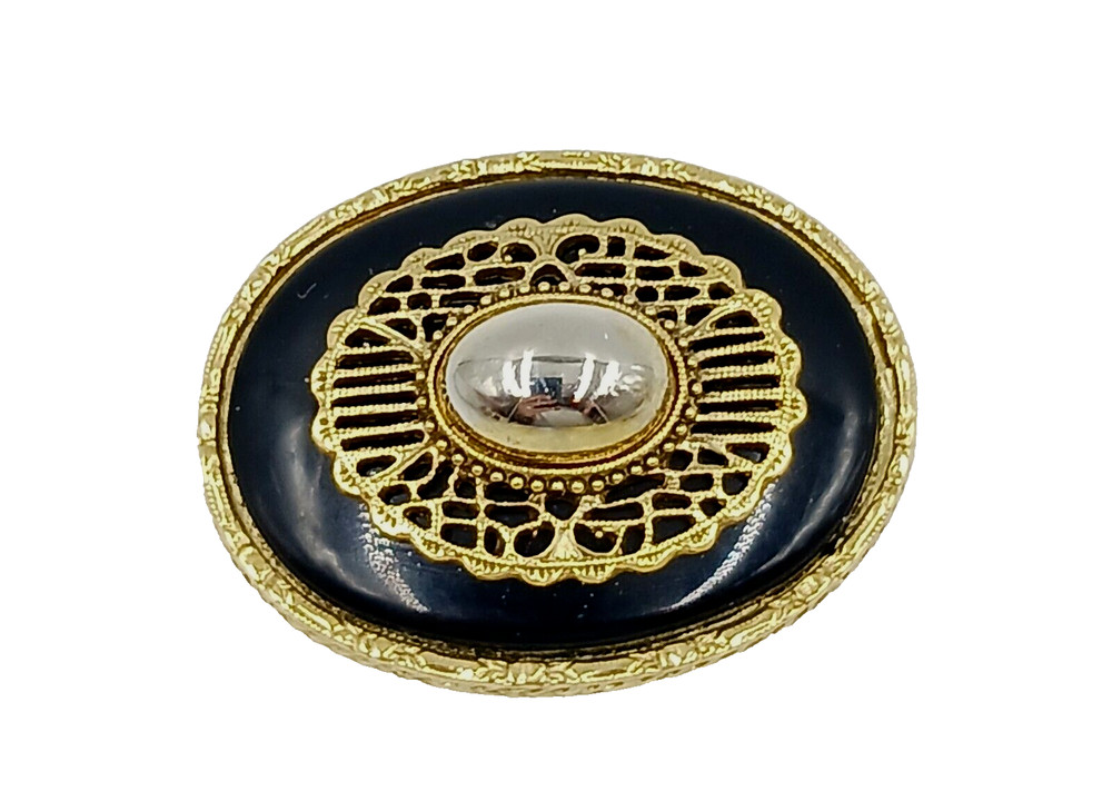 Oval Gold Tone & Black Faux Stone Textured Metal Brooch Pin Unique Vintage Nice
