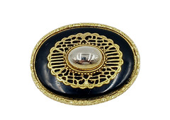 Oval Gold Tone & Black Faux Stone Textured Metal Brooch Pin Unique Vintage Nice