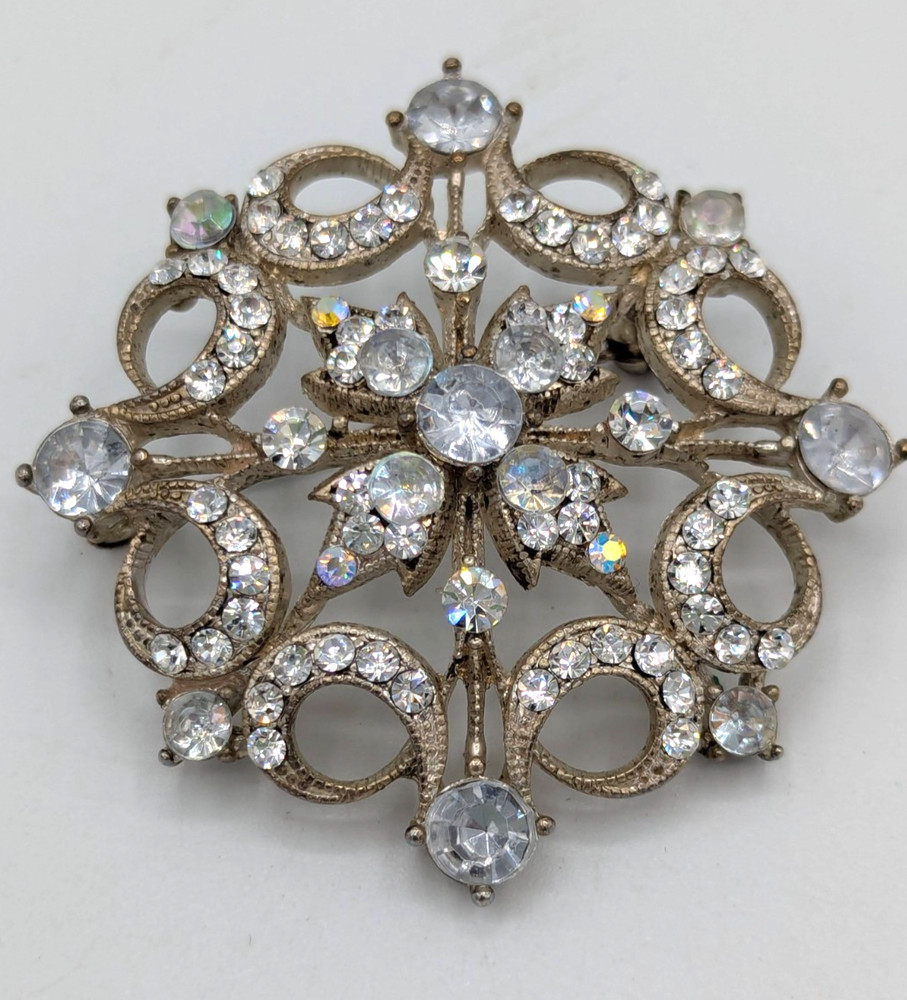 Vintage Ice Blue Rhinestone Starburst Snowflake Brooch Clear AB Crystal Pin MCM