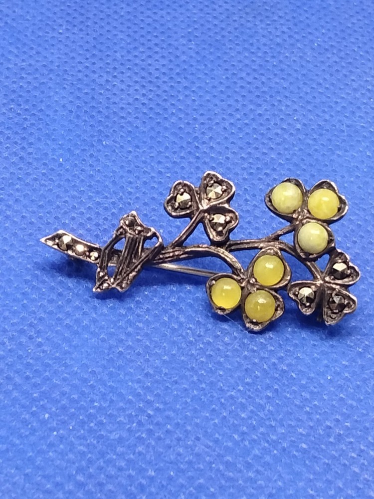 Vintage Citrine Rhinestone Clover Markasite Cabochon Brooch
