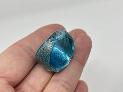 Murano Art Glass Wide Dome Cocktail Ring Blue Gold Chunky Sz 7