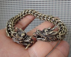 Brass Double Dragon Head Chain Men Bracelet Vintage Biker Jewelry