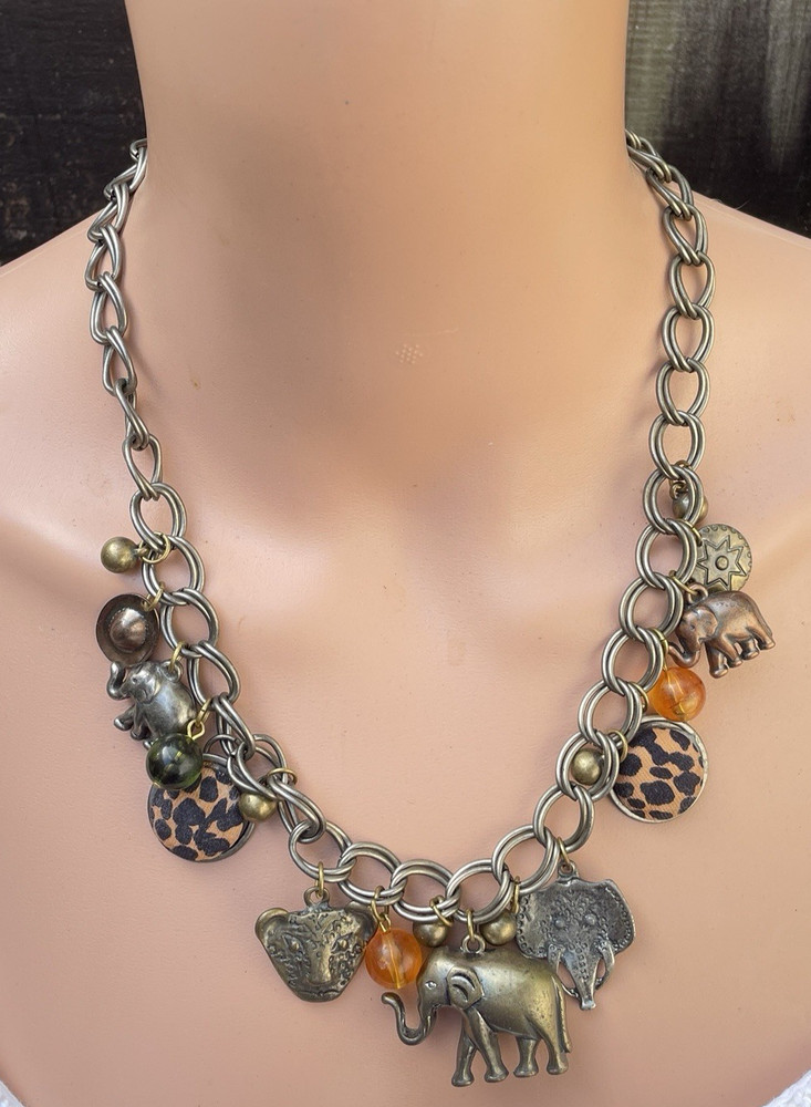 Vtg Elephant Bronze Tone Lion Charm Chunky Link Safari Statement Necklace 22″