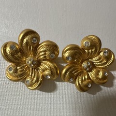 Gold Tone Flower Jewelry Set w/ Clear Round Rhinestones, Earrings & Brooch Pin