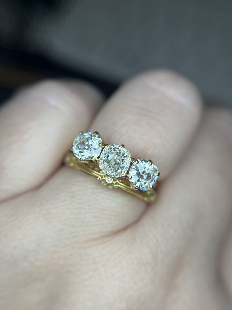 2.50 ctw Antique Old Mine Cut Diamond Three Stone Engagement Wedding Ring