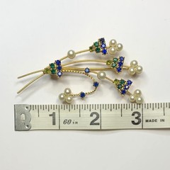 Vintage Blue & Green Rhinestone Faux Pearl Flower Bouquet Brooch Gold Tone