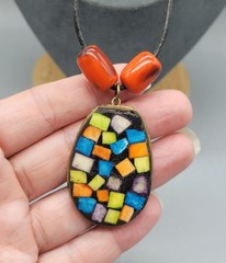 Vintage Look Micro Mosiac Blue Orange Costume Necklace N1D