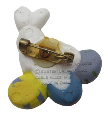 VTG EASTER UNLIMITED WHITE pink BUNNY RABBIT blue yellow green Eggs BROOCH Pin