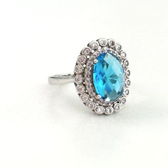 Ladies Light Blue & Clear CZ Halo Bezel Set White Gold Plated Ring Size 8