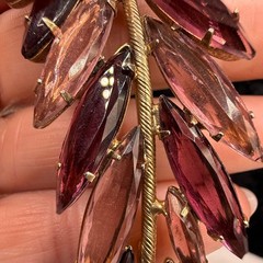 Vintage Rhinestone Feather Brooch Gold Tone Pink Purple Open Back LARGE