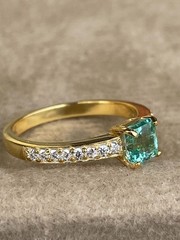 Emerald Cut Natural Emerald Ring with Moissanite Accent Band Handmade Ring