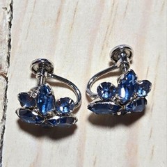 Sterling Silver Vintage Star Art Blue Rhinestone Screw Back Earrings