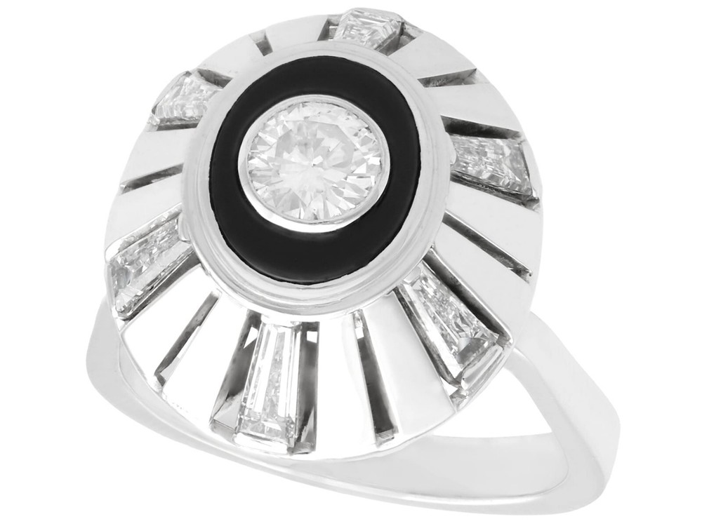Vintage Art Deco Style Black Onyx and 1.68 ct Diamond 18k White Gold Dress Ring