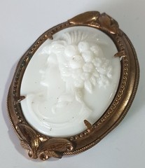 Vintage (Antique?) White Porcelain? Cameo Portrait Brooch in Brass? Frame