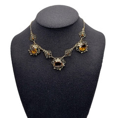 Czech Glass Art Nouveau Deco Flower Motif Brass Festoon Bib Amber Citrine 15 In