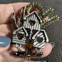 Tri-Colored Birdhouse Brooch Pin Sunflower Leaves Dangling Birds Fall Vintage
