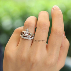 1.50Ct Heart Cut Moissanite Crown Claddagh Engagement Ring 14K White Gold Plated