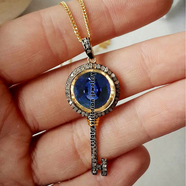 Stunning 1.07ctw Rose Cut Diamond Sapphire Silver Victorian Key Pendants Jewelry