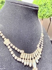 Vintage Rhinestone Statement Necklace Clear Crystal Drop Bib 14” Lot#1636