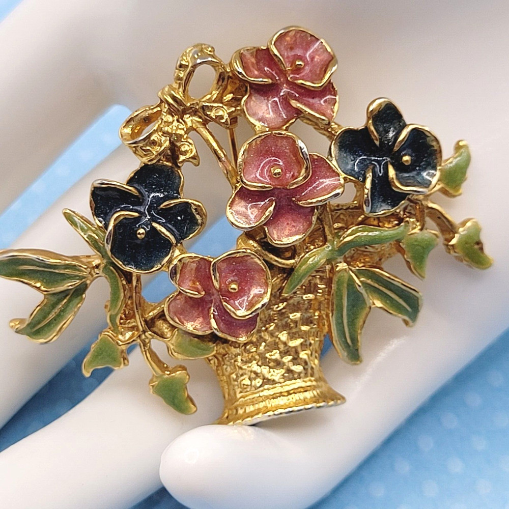 CLASSIC Pansy Flower Basket Gold Tone Pink Blue Green Enamel Vintage Brooch Pin