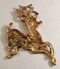 Vtg Signed MEESCO Brooch Rudolph Reindeer Rhinestone Enamel Christmas Gold Tone