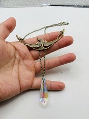 Vintage Style Art Nouveau Oxidized Brass Crane Bird w/ Rainbow Bead Necklace