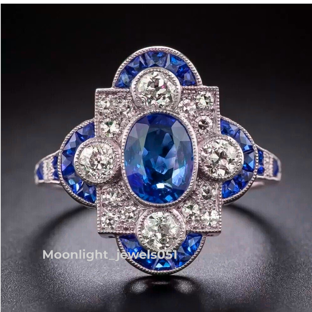 Vintage Art Deco Sapphire Lab-Created Diamond Wedding 14k White Gold Filled Ring